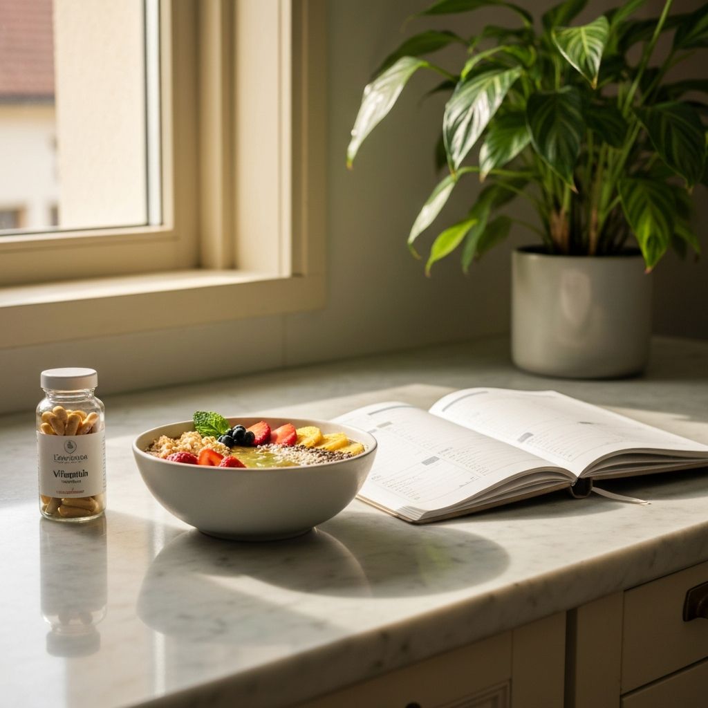 Morgenpflege-Routine mit Vitaminen, Smoothie und Notizbuch