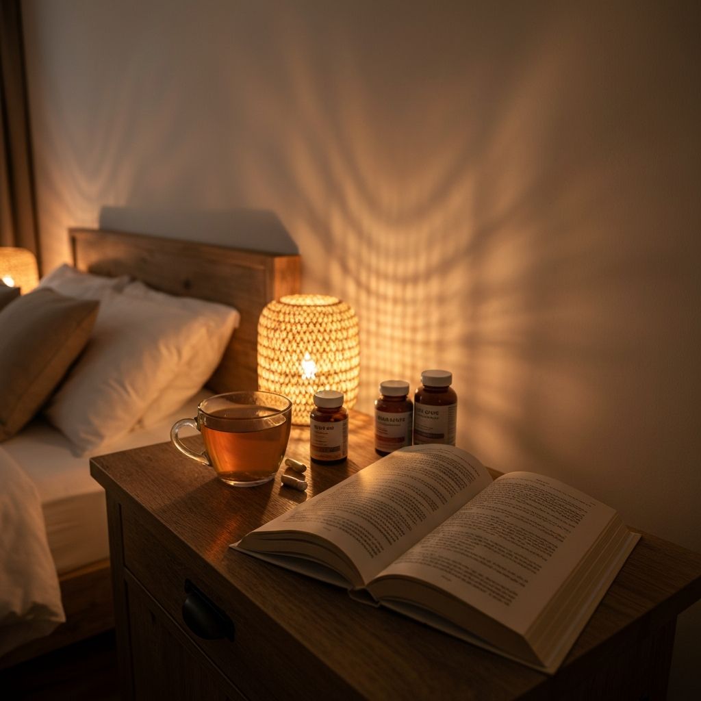 Abendliche Wellness-Routine mit Tee, Supplementen und Buch