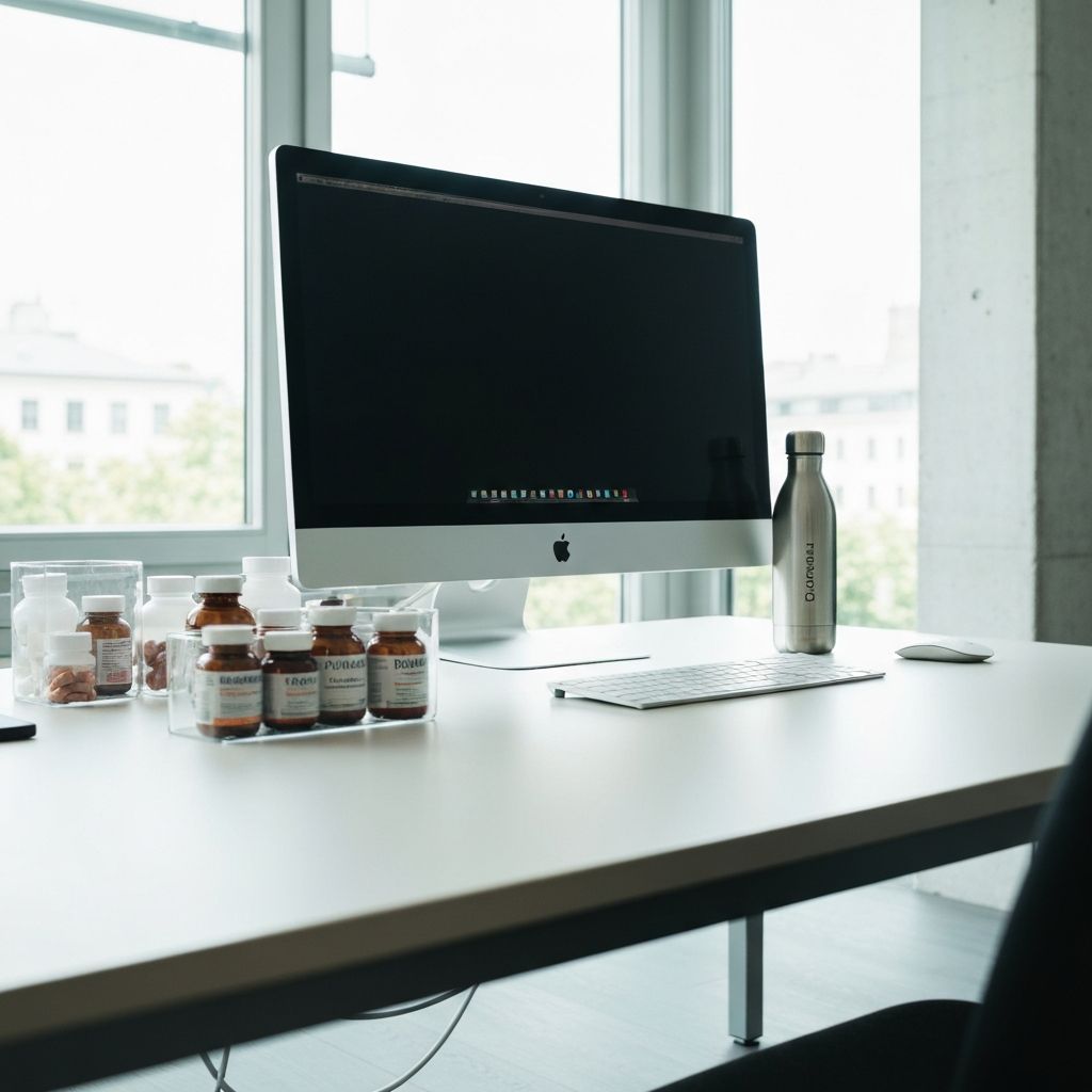 Moderner Büroarbeitsplatz mit Supplementflaschen und Wasserflasche